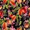 Bright watercolor pattern with flowers, currant and peach fruits