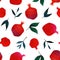 Bright watercolor seamless pattern with leaf, pomegranate, of whole garnet fruit. Concept for print posters, textile, children clo