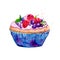 Bright watercolor tartlet illustration. Sweet vector dessert in blue package with berries: raspberry, blueberry and mint.