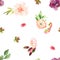 Bright Wedding bridal romanric bouquet seamless pattern. Hand drawing watercolor red and purple and green flowers