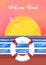 Bright `Welcome Home` stylized illustration of a sunset ocean horizon view, from a ship with a lifebuoy in the sea