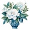 Bright White Flowers In Blue Vase - Nostalgic Watercolor Illustration