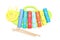 Bright wooden toy xylophone on a white background. Education con