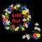 Bright wreath and border corner of wild flowers on a black background with love