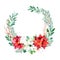 Bright wreath with leaves,branches,fir-tree,cotton flowers,pinecones,poinsettia