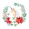 Bright wreath with leaves,branches,fir-tree,cotton flowers, poinsettia and cute unicorn