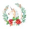 Bright wreath with leaves,branches,fir-tree,cotton flowers, poinsettia and cute unicorn with winter scarf