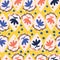 Bright Yellow with abstract whimsical florals seamless pattern background design.