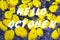 Bright yellow autumn leaves as a background. Autumnal background with hand lettering Hello October.Autumn concept.