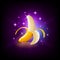 Bright yellow banana fruit with sparkles, slot icon for online casino or logo for mobile game on dark purple background