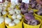 Bright yellow baskets with onions and turnips