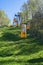 Bright yellow cable cars of funicular in Svetlogorsk