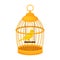 A bright yellow canary bird sits on a wooden perch in a closed golden cage. Vector illustration isolated on white