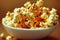 Bright yellow caramel popcorn poured into bowl on table.