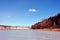 Bright yellow dry reeds along lake bank covered with ice, pine forest and snowy hill