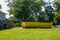 A bright yellow dumpster in the driveway of a home in a residential neighborhood