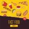 Bright yellow fast food banner template. Burger, hot dogs, pizza, etc. For cafe menus and social media sales