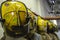 Bright yellow fire fighter helmets at a fire station house