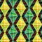 Bright yellow and green diamonds in a seamless pattern over diagonal stripes background