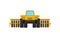 Bright yellow harvester, front view. Heavy agricultural machinery. Farm equipment for work on fields. Flat vector icon