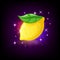 Bright yellow lemon fruit with green leaf, slot icon for online casino or logo for mobile game on dark purple background