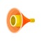 Bright yellow-orange megaphone isolated on white background. Funnel-shaped device for voice amplification. Flat vector