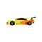 Bright yellow racing car with spoiler, tinted windows. Fast sports automobile with tongue of flame. Flat vector for