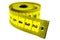 Bright yellow rolled measuring tape, on a white background, isolate