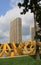 Bright yellow sculpture framing modern architecture,Empire State Plaza,Albany,2015