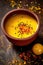 Bright Yellow Soup with Black and Orange Ingredients