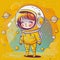 Bright yellow spacesuit-clad girl, encapsulated in a sticker design, exuding curiosity while amidst a universe of stars and