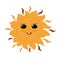 The bright yellow sun happily smiles. Cartoon joyful character with freckles.