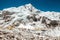 Bright yellow tents in Mount Everest Base Camp, Khumbu glacier and mountains, Nepal, Himalayas