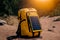 Bright yellow travel backpack with solar panel. Electricity for camping and the outdoors. Compact solar panels AI generation