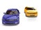 Bright yellow and violet modern fast cars - top down view