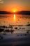 Bright yellow and vivid orange sunset reflecting on a rippled Lake Chapala in Ajijic Mexico