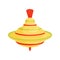 Bright yellow whirligig toy with red and green stripes. Vintage humming top. Flat vector design