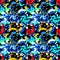Brightly colored abstract flowers on a black background seamless pattern
