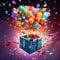 Brightly colored gift box unveiling a vibrant explosion of rainbow-colored confetti and balloons