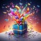 Brightly colored gift box unveiling a vibrant explosion of rainbow-colored confetti and balloons