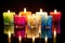 brightly colored homemade candles on a reflectively lit surface