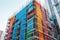 brightly colored scaffolding against the backdrop of modern skyscraper