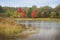 Brightly colored trees next to the lake at Morton Arboretum.