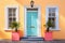 brightly coloured door with a fanlight in a stucco colonial revival house