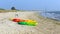 Brightly coloured pedalos Studland knoll beach Dorset England UK