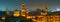 The brightly illuminated domes and minarets of Sultan Qalawun, Al Moez and Elzaher Barqooq Mosques in dark evening sky of Cairo,