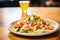 brightly lit plate of nachos with fresh pico de gallo