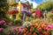 brightly painted home surrounded by blooming gardens, in residential neighborhood