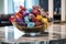 brightly wrapped chocolates in a crystal bowl on a marble reception desk