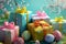 Brightly wrapped Easter gifts with colorful bows and ribbons